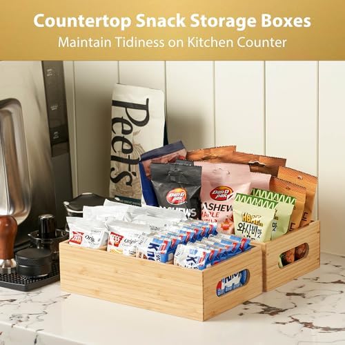Umilife Bamboo Pantry Organizers and Storage Bins with Removable Dividers, Kitchen Drawer Cabinet Countertop Organization for Snack, Spice Packets, Teabags, Seasoning Pouches (2 Pack)