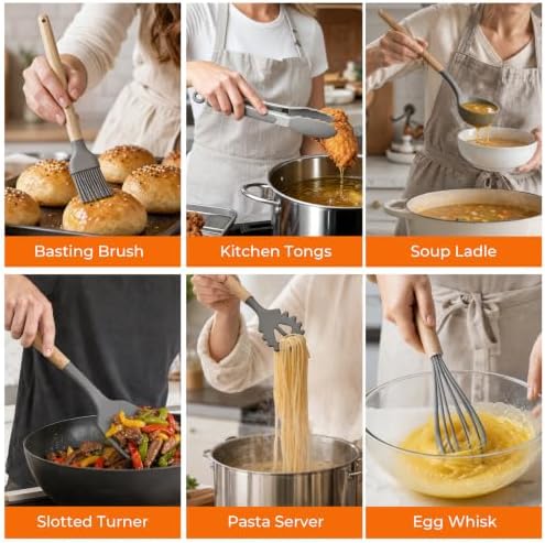 33 Pcs Silicone Kitchen Cooking Utensils Set, Wood Handle & Holder