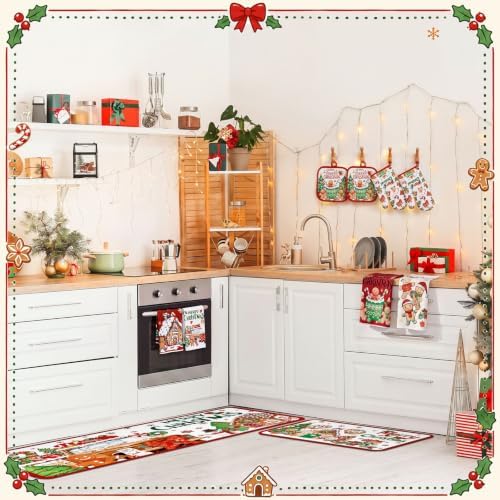 Fanfanwin 10 Pcs Christmas Gingerbread Man Kitchen Decor and Accessories Set Kitchen Towels Pot Holders Oven Mitts and Rugs for Baking Cooking BBQ Mom Housewarming Gifts
