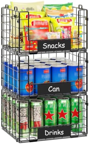 3 Pack XL Stackable Wire Baskets with Handle, Pantry Organizers and Storage