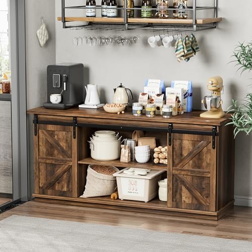 Shahoo Farmhouse Sideboard Buffet Cabinet, Coffee Bar Storage with Sliding Barn Doors, Shelf for Home Dining Room, Barnwood