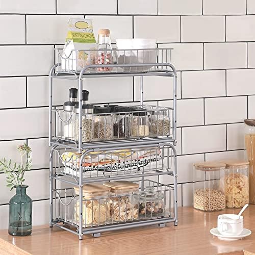 SONGMICS 2-Tier Pull Out Cabinet Organizers, Under Sink Organizer, Bathroom Organizer and Storage, Sliding Basket Drawers, Stackable for Kitchen, Bathroom, Metallic Silver UKCS017E01