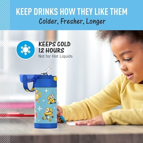 THERMOS FUNTAINER Water Bottle with Straw - 12 Ounce - Kids Stainless Steel Vacuum Insulated Water Bottle with Lid, Minions