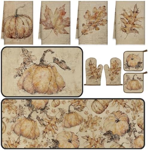 Fanfanwin 10 Pcs Fall Kitchen Decor Set Autumn Rustic Kitchen Rugs
