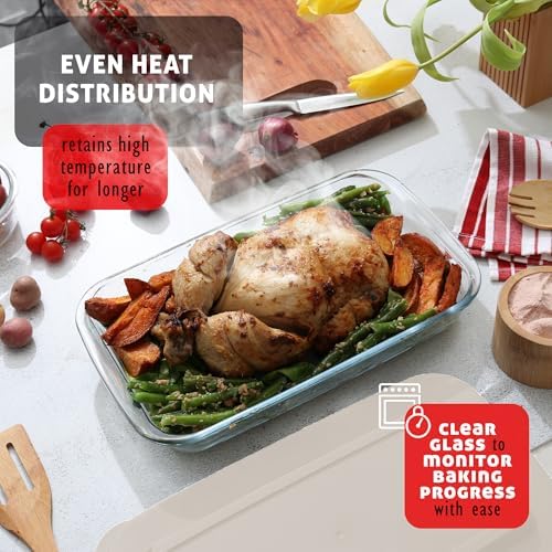 EATEX 16-Piece Deep Glass Casserole Dishes for Oven with Plastic lids, Rectangular Glass Baking Dish Set, Baking Pans for Lasagna, Leftovers, Cooking, Kitchen, Freezer-to-Oven and Dishwasher, Cream