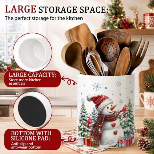 Christmas Snowman Ceramic Utensil Crock, Farmhouse Xmas Kitchen Utensil Holder, Christmas Decor Caddy for Spatulas & Baking Gadgets Storage Organizer, Winter Snowman with Cardinal Birds