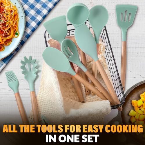 12Pcs Mint Green Kitchen Accessories with Holder for Nonstick Pans