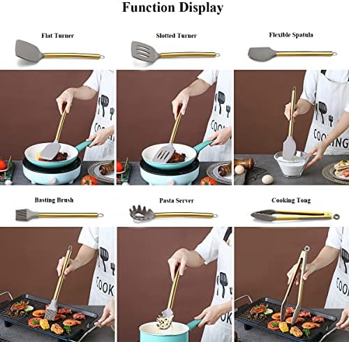38 Piece Silicone kitchen Cooking Utensils Set with Utensil Rack, Silicone Head and Stainless Steel Handle Cookware, Kitchen Tools for Utensil Sets, Non-Stick kitchen Gadgets, Dishwasher Safe (Gold)