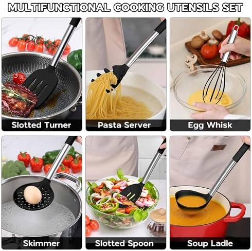 Onader Silicone Kitchen Utensils Set of 10, Cooking Utensils with Holder and Heat Resistant Stainless Steel Handle for Nonstick Cookware - Black