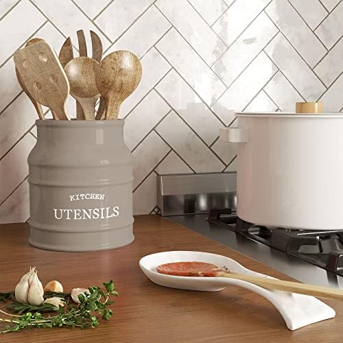 Barnyard Designs Ceramic Kitchen Utensil Holder Countertop 6.75″ (Taupe)