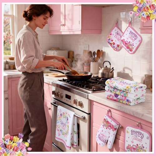 SiliFine 12 Pcs Spring Kitchen Accessories Set Floral Kitchen Towels Oven Mitts and Pot Holders, Hello Spring Decorations with Tulips and Trucks for Cooking, Baking, Home Decorations