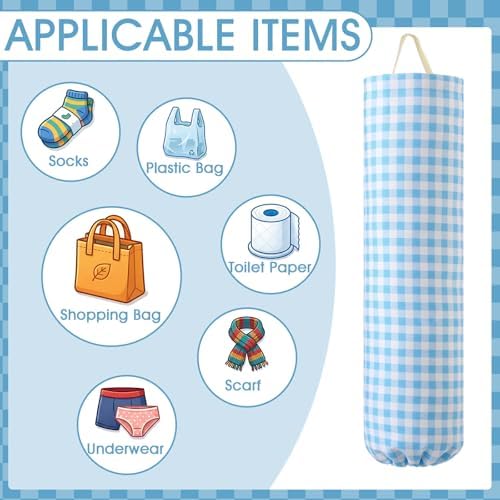 Gingham Plastic Bag Holder for Grocery Bag, Light Blue
