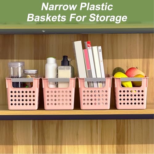 Soddeph 4 Pack Slim Plastic Storage Basket with Handles, Rectangular Storage Bins for Shelves,Narrow Organizer box for Organizing, Kitchen,Home,Office(Pink, Small)