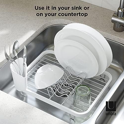 Umbra Sinkin Dish Drying Rack, in Sink or Countertop Drainer, White/Nickel