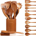 Mooues 12 Piece Wooden Spoons for Cooking, Wooden Utensils for Cooking with Utensils Holder, Natural Teak Wooden Kitchen Utensils Set with Wooden Spoon Rest, Comfort Grip