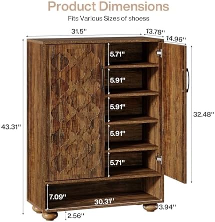 Tribesigns Shoe Cabinet for Entryway, Farmhouse Tall Shoe Cabinet with Doors and Adjustable Shelves, Solid Wood Shoes Storage for Hallway, Foyer, Living Room, Walnut