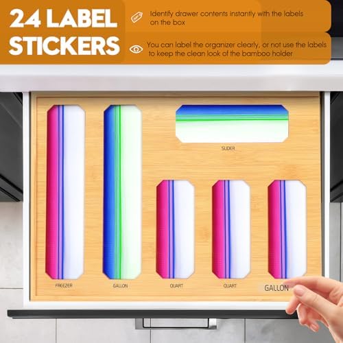 Bamboo Ziplock Bag Organizer for Kitchen Drawer & Wall Mount, Food Storage Baggie Holder, Fits Gallon Quart Sandwich Snack Freezer & Slider Bags, No Assembly, 6 in 1,Natural Color