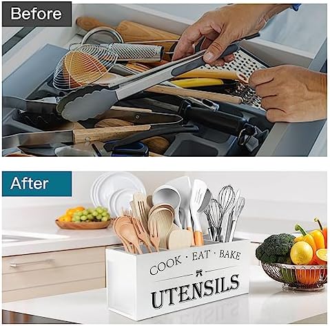 Suli Extra Large Utensil Holder Countertop for Kitchen Counter,Wood,White