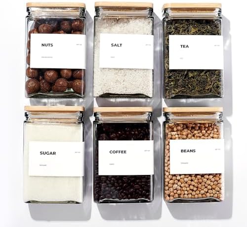 APT 1101 Glass Storage Jars with Bamboo Lid, glass canisters with airtight lids, Clear jars with lids for Spice, Cookie, Candy, Tea, Coffee Bean and Rice (White, 26 oz, Set of 6)