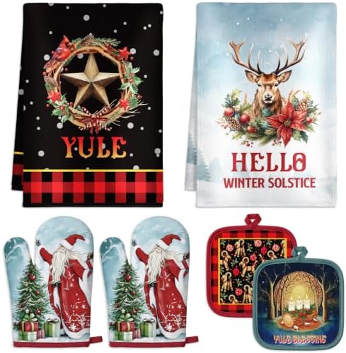 FoldTier 6 Pcs Yule Kitchen Decor Set Christmas Towel Pot Holder Oven Mitts