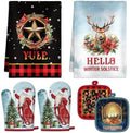FoldTier 6 Pcs Yule Kitchen Decor Set Christmas Towel Pot Holder Oven Mitts
