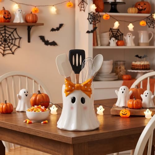 Yungyan Ceramic Bow Ghost Utensil Holder for Kitchen Halloween Accessories