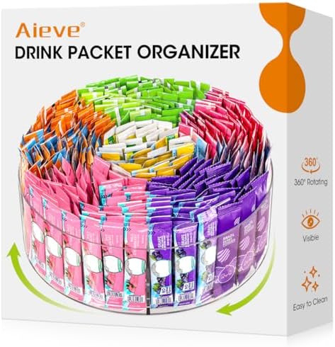 AIEVE Extra Large Drink Packet Organizer, 360° Lazy Susan Rotating Turntable for Larger Powder Drink Mix, Hydration Packets Acrylic Pantry Organizers for Kitchen Storage Organization