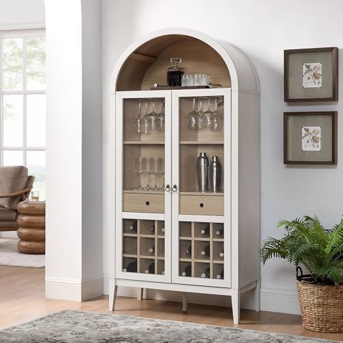 Modway Nolan Modern Farmhouse Arched Bar Cabinet in Ivory Wood Grain - 72 Inch Tall Wine Storage Cabinet with Glass Doors and Wine Rack - Large Liquor Cabinet for Dining or Living Room