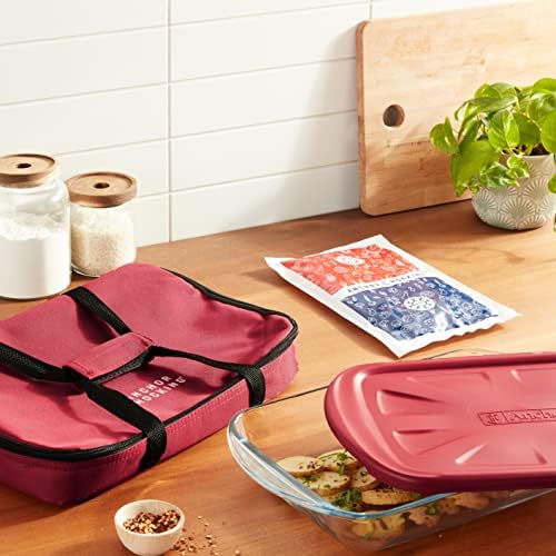 Anchor Hocking Glass Baking Dishes for Oven with Casserole Carrier, 4 Piece Set (3 Quart Glass Baking Dish, Red Lid, Red Thermal Carrier, and Hot/Cold Pack)