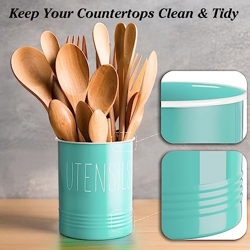 Bivvclaz Teal Kitchen Utensil Holder, 6.7" Utensil Holder for Kitchen Counter, Cooking Utensil Crock with Cork Bottom, Turquoise Decor and Accessories, Countertop Utensil Storage Caddy Organizer