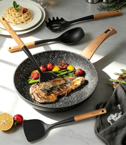 Large Silicone Cooking Utensils Set, 10Pcs Nonstick Kitchen Utensil Set with Wooden Handle, Heat Resistant Silicone Utensils for Cooking, BPA Free Spatula Set with Turners Spoon Ladle Skimmer(Black)