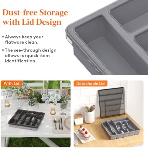 Lifewit Silverware Organizer with Lid, Covered Utensil Tray, 12.6x11.8