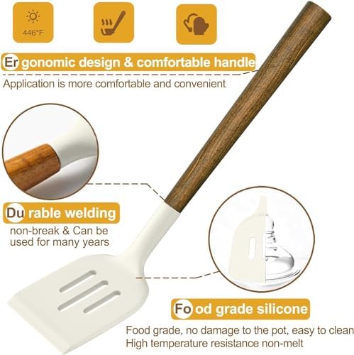 Non-Stick Silicone Kitchen Utensils Set with Natural Acacia Hard Wood Handle, Umite Chef 8 Pieces Kitchen Spatulas set, White, BPA Free, Baking, Serving and Cooking Utensils