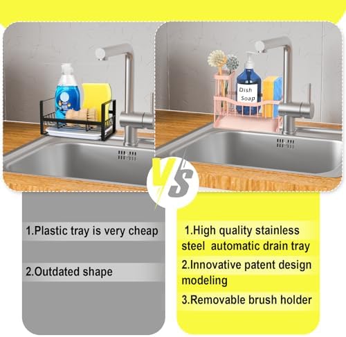 Fssvcd Maifan Sink Caddy Sponge Holder for Kitchen with Brush Holder and Stainless Steel Self Drain Tray, Rustproof Kitchen Sink Organizer for Sponge, Soap Dispenser Storage Accessories Pinky White
