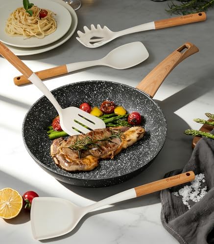 Large Silicone Cooking Utensils Set, 10Pcs Nonstick Kitchen Utensil Set with Wooden Handle, Heat Resistant Silicone Utensils for Cooking, BPA Free Set with Turners Spoon Ladle Skimmer(Cream White)