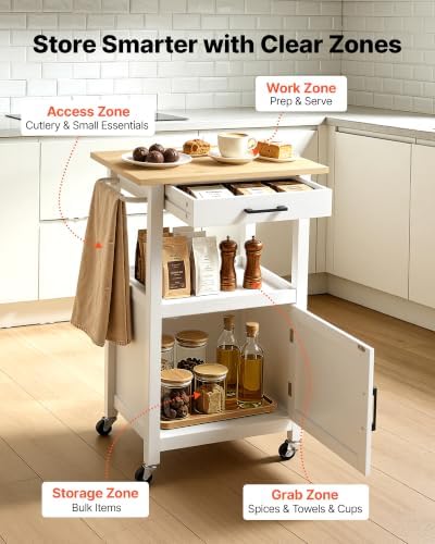 VEVOR Kitchen Island Cart with Single Door Cabinet, Mobile Carts with Drawer, Towel Rack, Hooks, Portable Table on Swivel Wheels, Small Coffee Islands Microwave Stand for Dining Room, 18x23 in, White