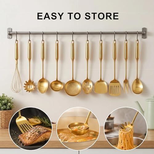 304 Stainless Steel Small and Large Spoons Set, Gold Cooking Utensils Set 12 PCS All Metal Kitchen Tools, stainless steel cookware set -Whisk, Fork, Tongs, Turner, Ladle, Spatula，Skimmer, Pasta