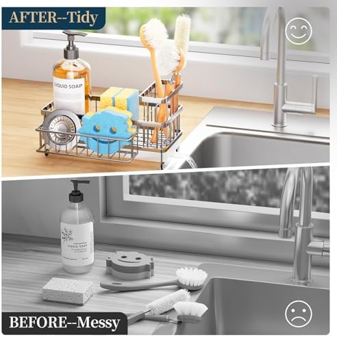 Consumest Sponge Holder for Kitchen Sink - Auto Draining Sink Caddy Organizer with Detachable Rack, High Brush Holder, Kitchen Countertop Storage Accessories, Silver