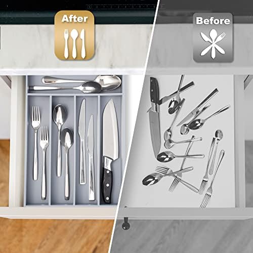 Besilord Bamboo Silverware Holder - Drawer Organizer with 5 Slots (Gray)