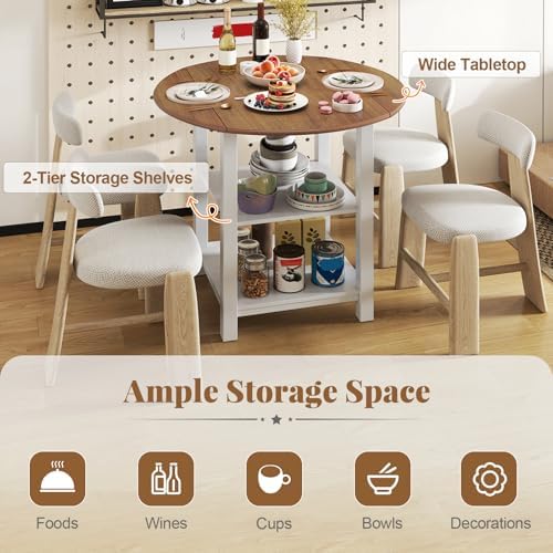 COSTWAY Folding Round Dining Table, Drop Leaf Table with 2 Shelves for Small Spaces, Foldable Office Table with 2-Layer Storage Rack, Versatile Console Table for Living Room, Dining Room, Kitchen