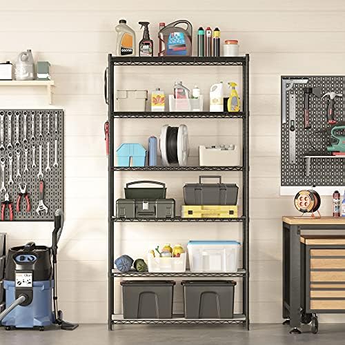 SONGMICS 6-Tier Storage Shelves, Adjustable Wire Shelving Unit, 8 Hooks