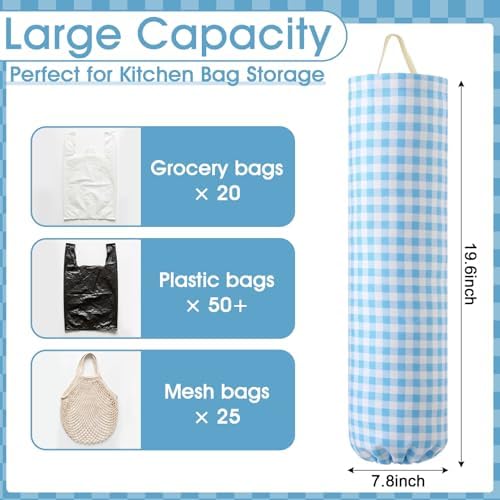 Gingham Plastic Bag Holder for Grocery Bag, Light Blue