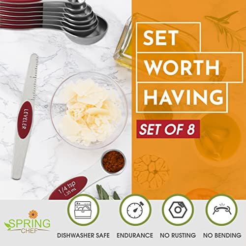 Spring Chef Stainless Steel Magnetic Measuring Spoons Set of 8, Red