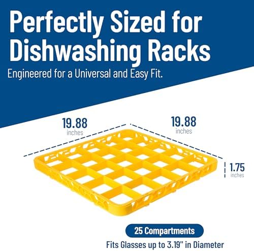 Carlisle FoodService Products OptiClean 25 Compartment Divided Glass Rack Extender for Commercial Dishwashers – Height Extender for Stemware, 3.54" x 3.54" Compartments, Yellow, (Pack of 6)