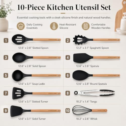 Silicone 10 Pcs Kitchen Cooking Utensils Set, Recycled Materials Certification, BPA Free Spatula Set with Heat Resistant Wood Handles for Nonstick Cookware, Black