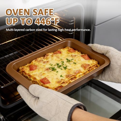 KOOMADE 10PCS Nonstick Baking Pans Set - Bakeware Sets for Cooking, Oven and Dishwasher Safe, Non Toxic, Includes Cookie Sheets for Baking, Muffin Pan, Bread Pan, Cake pan, Loaf Pan, Roasting Pan Gold