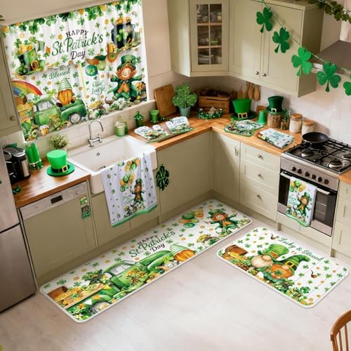 13 Pcs St. Patrick's Day Kitchen Decor Set 3 Shamrock Kitchen Curtains Valance 2 Irish Rugs and Mats 4 Hand Towels 2 Pot Holders 2 Oven Mitts for Home Decor Cooking Grilling Housewarming Gift