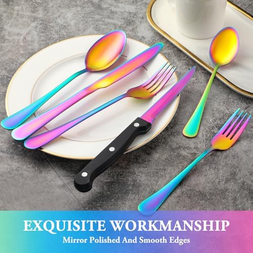 48 Pcs Rainbow Silverware Set with Steak Knives, Stainless Steel Flatware Cutlery Set for 8, Kitchen Tableware Sets, Utensil Sets for Home and Restaurant, Dishwasher Safe