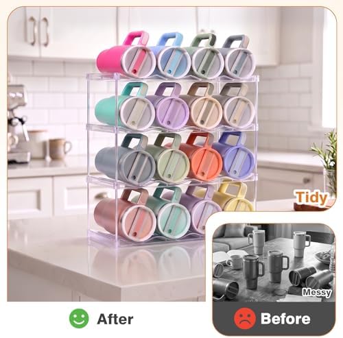 Large Compartment Water Bottle Organizer, Stackable Water Bottle Holder for Stanley 40 oz Tumbler, Clear Tumbler Organizer for Cabinet, Kitchen Pantry or Countertop, 3 Pack (4 Pack)