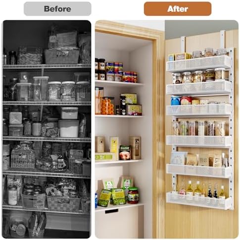 Pantry Door Organizers and Storage, 6-Tier Large Metal Heavy-Duty Frame Over the Door Spice Rack, 2 in 1 Wall-Mounted or Hanging shelf for Kitchen, Bathroom, Laundry Room, Bedroom, Closet &Nursery